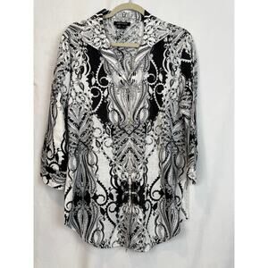 Paperwhite 100% Linen Paisley Tunic Blouse Women 12 Black White